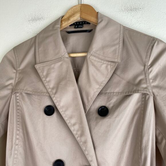 Theory Cliffa Jacket Size Small Khaki Double Breasted Trench Belted Cotton - Picture 6 of 14